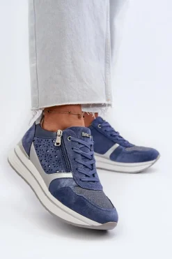 Sneakersy Damskie Na Platformie Z Ażurowym Wzorem I Brokatem INBLU IN000372 Niebieskie