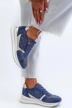 Sneakersy Damskie Na Platformie Z Ażurowym Wzorem I Brokatem INBLU IN000372 Niebieskie