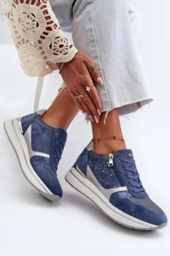 Sneakersy Damskie Na Platformie Z Ażurowym Wzorem I Brokatem INBLU IN000372 Niebieskie