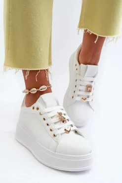 Sneakersy Damskie Na Platformie Z Przypinkami Eko Skóra Białe Cavisa