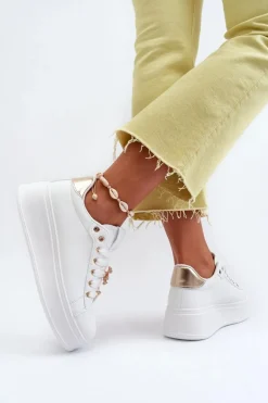 Sneakersy Damskie Na Platformie Z Przypinkami Eko Skóra Białe Cavisa