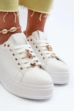 Sneakersy Damskie Na Platformie Z Przypinkami Eko Skóra Białe Cavisa