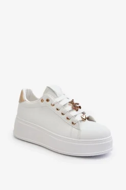 Sneakersy Damskie Na Platformie Z Przypinkami Eko Skóra Białe Cavisa