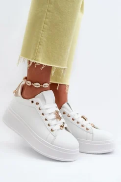 Sneakersy Damskie Na Platformie Z Przypinkami Eko Skóra Białe Cavisa