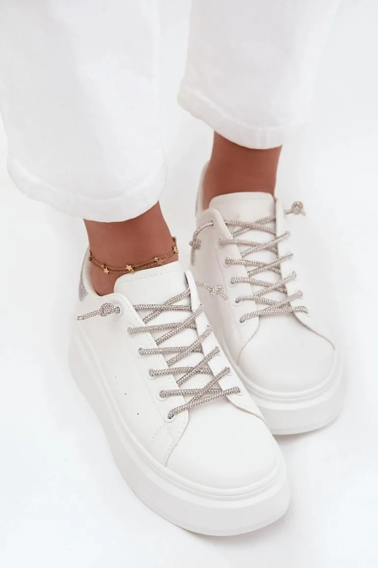 Sneakersy Damskie Na Platformie Z Ozdobnym Sznurowaniem I Brokatem Białe Belmira