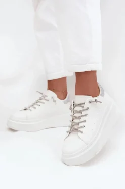 Sneakersy Damskie Na Platformie Z Ozdobnym Sznurowaniem I Brokatem Białe Belmira