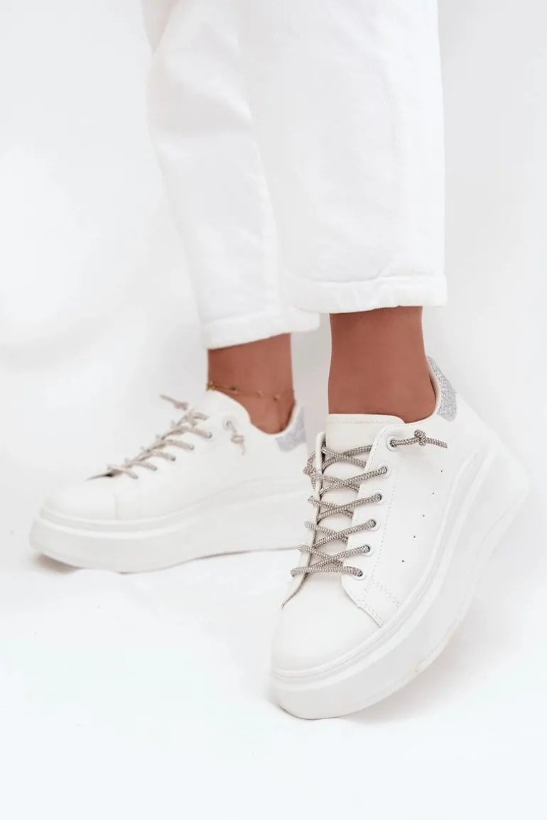 Sneakersy Damskie Na Platformie Z Ozdobnym Sznurowaniem I Brokatem Białe Belmira