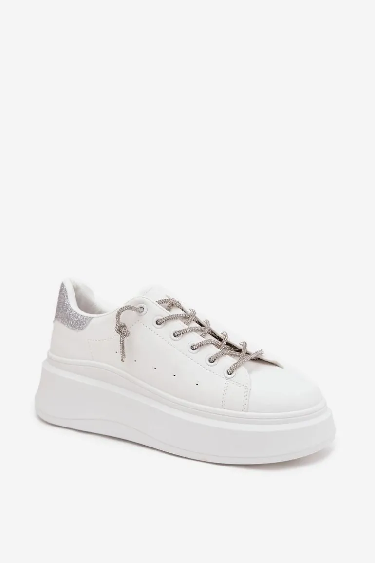 Sneakersy Damskie Na Platformie Z Ozdobnym Sznurowaniem I Brokatem Białe Belmira