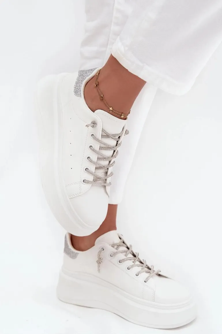Sneakersy Damskie Na Platformie Z Ozdobnym Sznurowaniem I Brokatem Białe Belmira