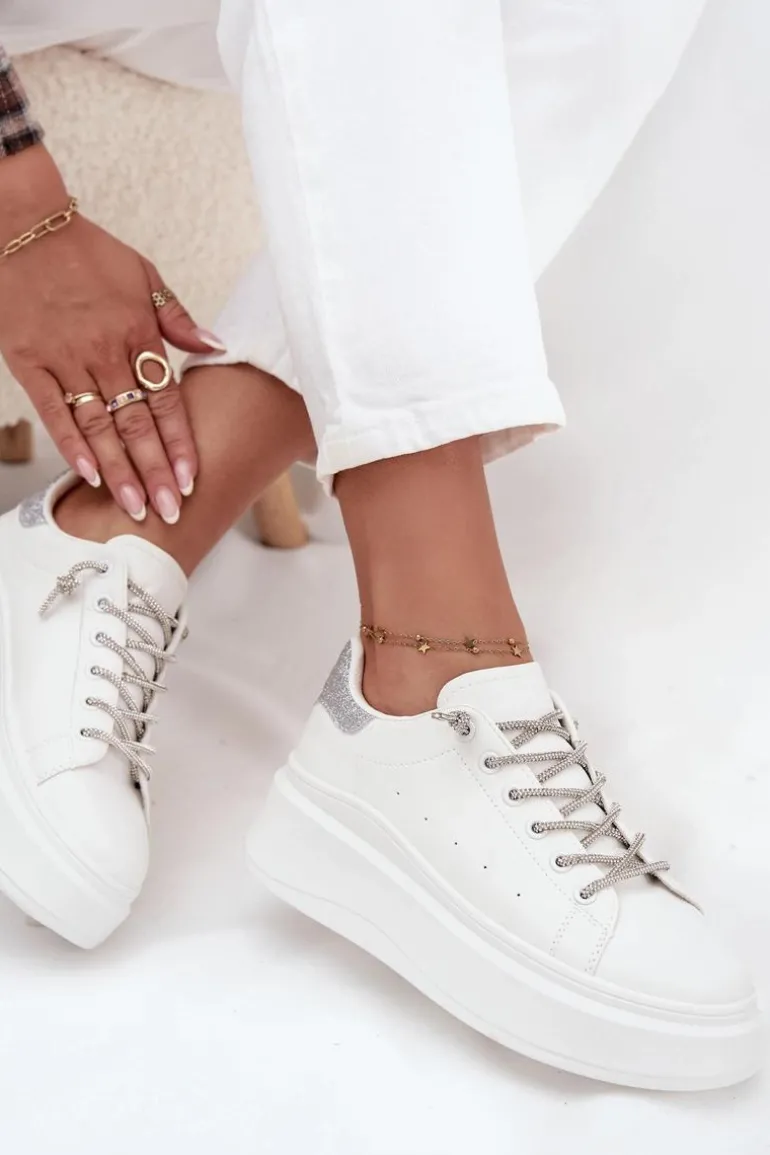 Sneakersy Damskie Na Platformie Z Ozdobnym Sznurowaniem I Brokatem Białe Belmira