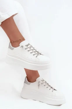 Sneakersy Damskie Na Platformie Z Ozdobnym Sznurowaniem I Brokatem Białe Belmira