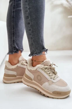 Sneakersy Damskie Ocieplane Na Platformie Big Star OO274A214 Beżowe