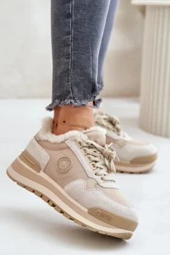 Sneakersy Damskie Ocieplane Na Platformie Big Star OO274A214 Beżowe