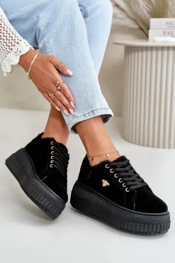 Sneakersy Damskie Ocieplane Na Masywnej Podeszwie Ze Złotym Detalem Czarne Lotira