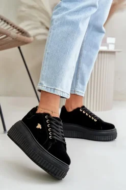 Sneakersy Damskie Ocieplane Na Masywnej Podeszwie Ze Złotym Detalem Czarne Lotira