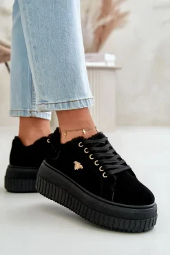 Sneakersy Damskie Ocieplane Na Masywnej Podeszwie Ze Złotym Detalem Czarne Lotira