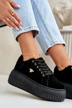 Sneakersy Damskie Ocieplane Na Masywnej Podeszwie Ze Złotym Detalem Czarne Lotira