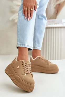 Sneakersy Damskie Ocieplane Na Masywnej Podeszwie Ze Złotym Detalem Brązowe Lotira