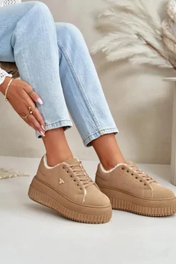 Sneakersy Damskie Ocieplane Na Masywnej Podeszwie Ze Złotym Detalem Brązowe Lotira