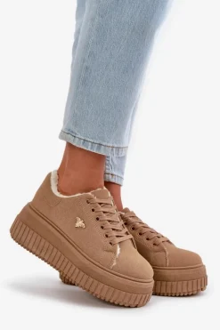 Sneakersy Damskie Ocieplane Na Masywnej Podeszwie Ze Złotym Detalem Brązowe Lotira