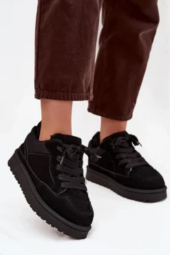 Sneakersy Damskie Ocieplane Futerkiem Czarne Cyrissa