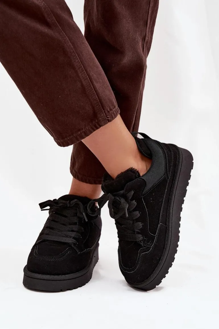 Sneakersy Damskie Ocieplane Futerkiem Czarne Cyrissa