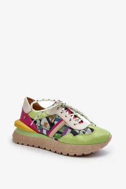 Sneakersy Damskie Skórzane Na Platformie Maciejka 06322-09 Zielono-Różowe