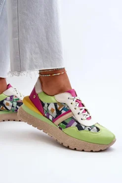 Sneakersy Damskie Skórzane Na Platformie Maciejka 06322-09 Zielono-Różowe