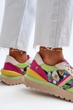 Sneakersy Damskie Skórzane Na Platformie Maciejka 06322-09 Zielono-Różowe