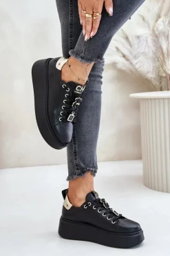 Sneakersy Damskie Skórzane Z Przypinkami Na Platformie CheBello 4596 Czarne