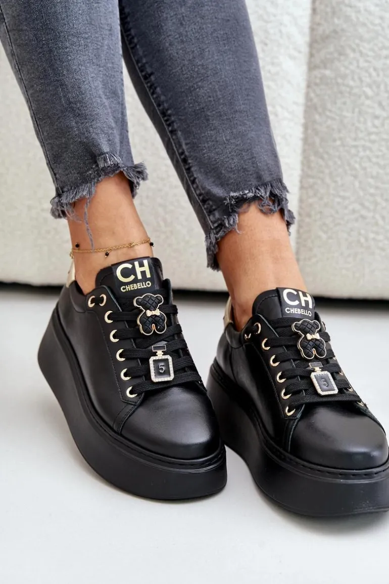 Sneakersy Damskie Skórzane Z Przypinkami Na Platformie CheBello 4596 Czarne