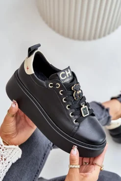 Sneakersy Damskie Skórzane Z Przypinkami Na Platformie CheBello 4596 Czarne