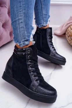 Sneakersy Damskie Ukryty Koturn Czarne Ferrer