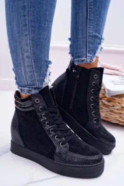 Sneakersy Damskie Ukryty Koturn Czarne Ferrer