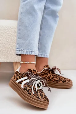 Sneakersy Damskie W Panterkę Na Platformie Z Ozdobami Brązowe Vinness