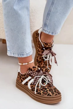 Sneakersy Damskie W Panterkę Na Platformie Z Ozdobami Brązowe Vinness