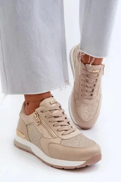 Sneakersy Damskie Z Brokatem I Suwakiem INBLU IN000365 Beżowe