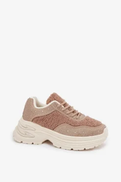 Sneakersy Damskie Z Cyrkoniami I Futerkiem Typu Baranek Beżowe Zarika