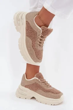 Sneakersy Damskie Z Cyrkoniami I Futerkiem Typu Baranek Beżowe Zarika
