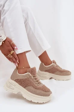 Sneakersy Damskie Z Cyrkoniami I Futerkiem Typu Baranek Beżowe Zarika