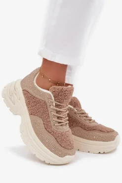 Sneakersy Damskie Z Cyrkoniami I Futerkiem Typu Baranek Beżowe Zarika