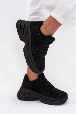 Sneakersy Damskie Z Cyrkoniami I Futerkiem Typu Baranek Czarne Zarika