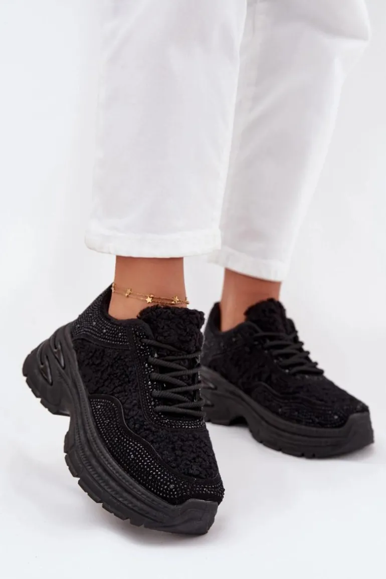 Sneakersy Damskie Z Cyrkoniami I Futerkiem Typu Baranek Czarne Zarika