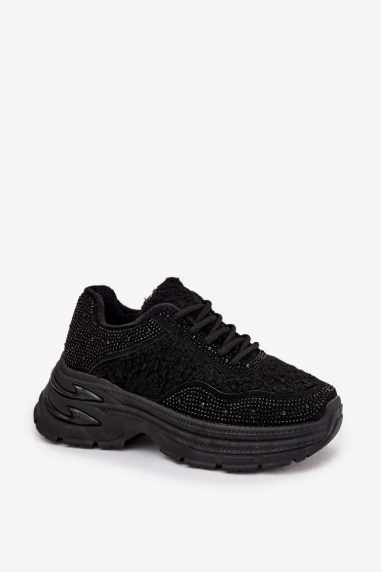 Sneakersy Damskie Z Cyrkoniami I Futerkiem Typu Baranek Czarne Zarika