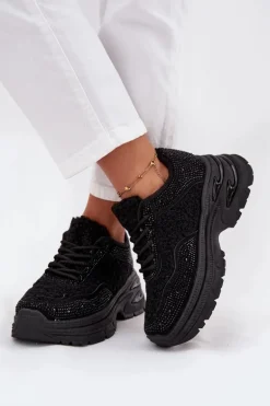 Sneakersy Damskie Z Cyrkoniami I Futerkiem Typu Baranek Czarne Zarika