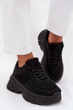 Sneakersy Damskie Z Cyrkoniami I Futerkiem Typu Baranek Czarne Zarika