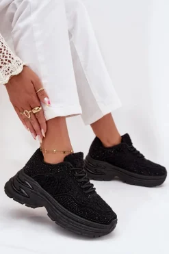 Sneakersy Damskie Z Cyrkoniami I Futerkiem Typu Baranek Czarne Zarika
