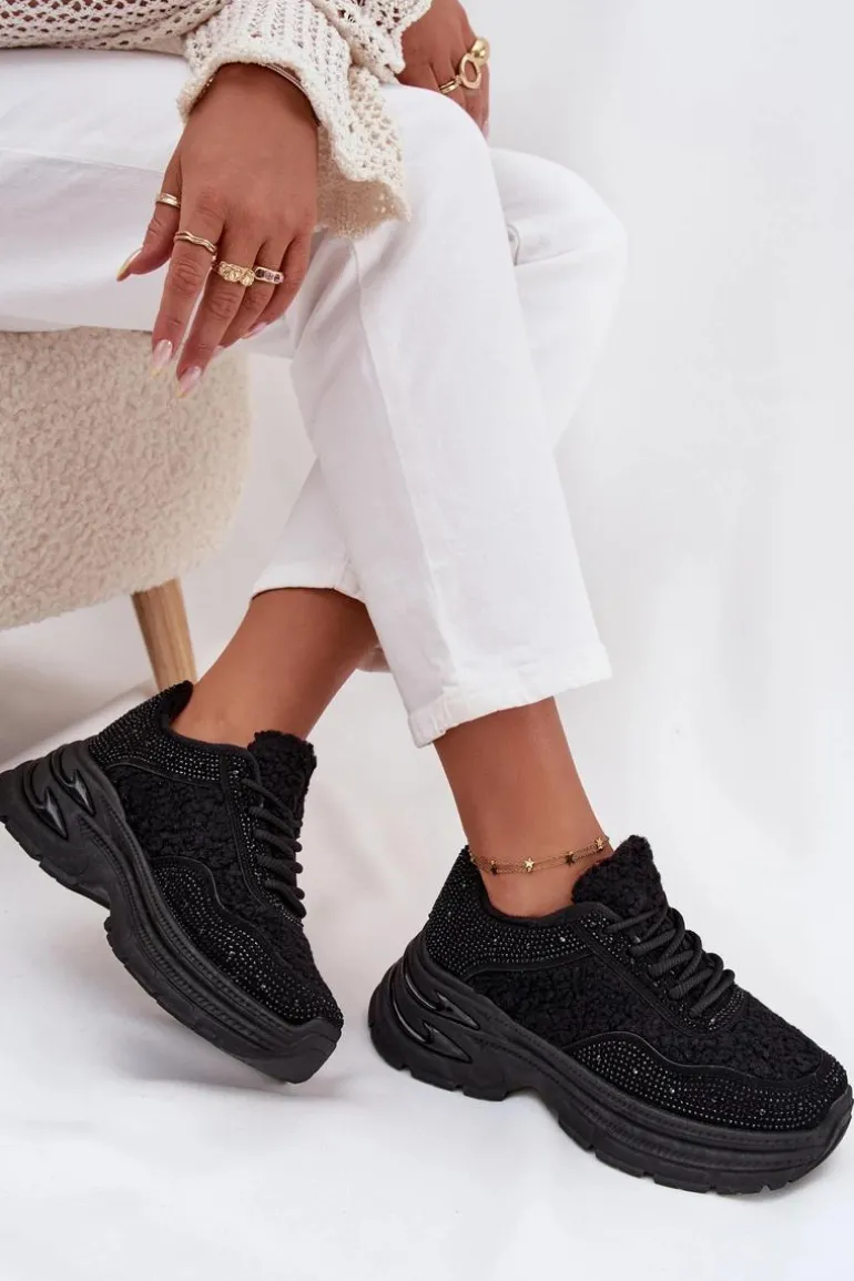 Sneakersy Damskie Z Cyrkoniami I Futerkiem Typu Baranek Czarne Zarika