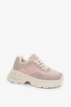 Sneakersy Damskie Z Cyrkoniami I Futerkiem Typu Baranek Jasnobeżowe Zarika