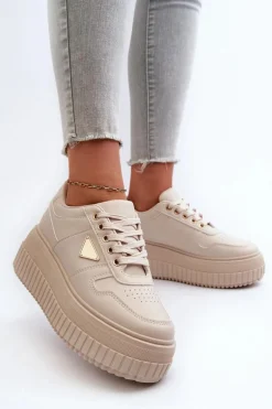 Sneakersy Damskie Z Eko Skóry Na Masywnej Platformie Jasnobeżowe Chrisstin